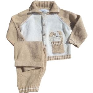 Baby Piper & Posie Baby Boy 2 piece knitted outfit brown and beige. SZ 6-9 month
